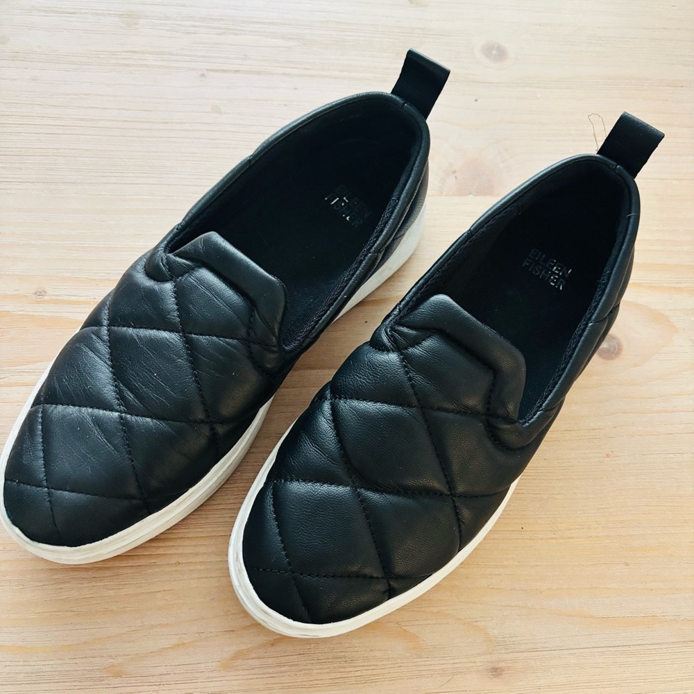 Eileen Fisher Women's Poem Black Quilted Slip-On‎ Sneakers Size 7